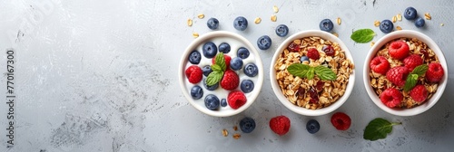 Wholesome american breakfast granola with milk, berries, and honey on bright white background