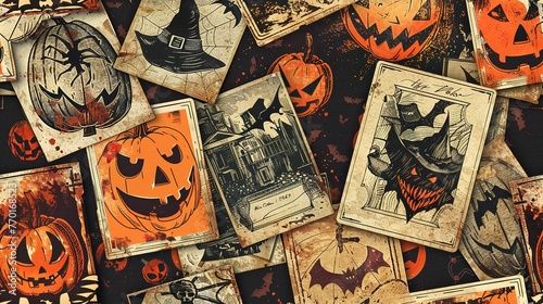 Seamless vintage Halloween postcards, retro horror , Seamless Pattern, Fabric Pattern, Tumbler Wrap, Mug Wrap. photo