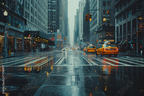 Rainy day with empty city street.