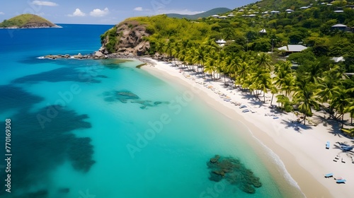 Aerial panorama of a beautiful beach with turquoise water and white sand © Iman