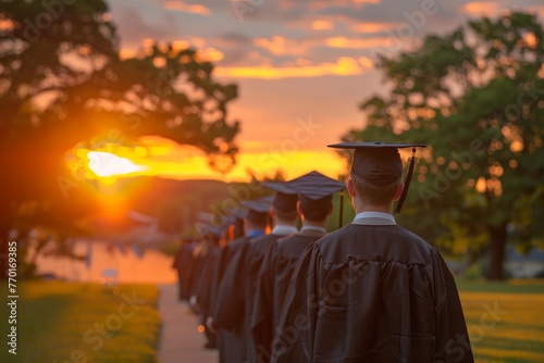 Golden hour graduation sunset, graduates lined up, caps in hand