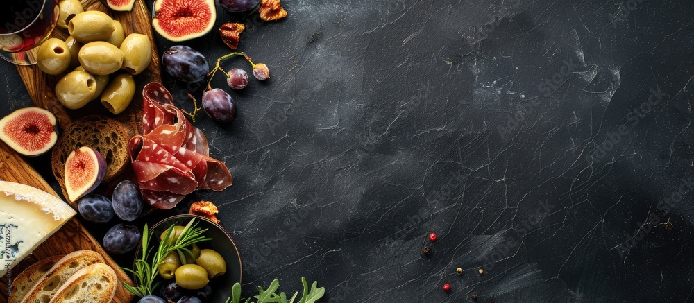 A variety of cheeses, figs, bread, olives, and prosciutto displayed with a red wine selection on a wooden board against a black background, with empty space for text, top-down view. A variety of cheeses, figs, bread, olives, and prosciutto displayed with a red wine selection on a wooden board against a black background, with empty space for text, top-down view.