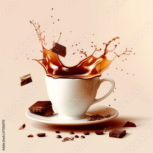Delicious Hot Coffee, Cocoa or Cappuccino Frozen Action in Mid Splash and Spill. Isolated on Neutral Background. Made in Part with Generative AI.