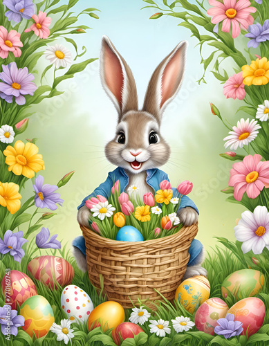Cute easter bunny with eggs and flowers © cobaltstock