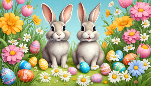 Cute easter bunnies with spring flowers and easter eggs