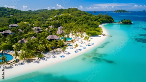 Aerial view of beautiful tropical island with white sand beach  turquoise water and palm trees.