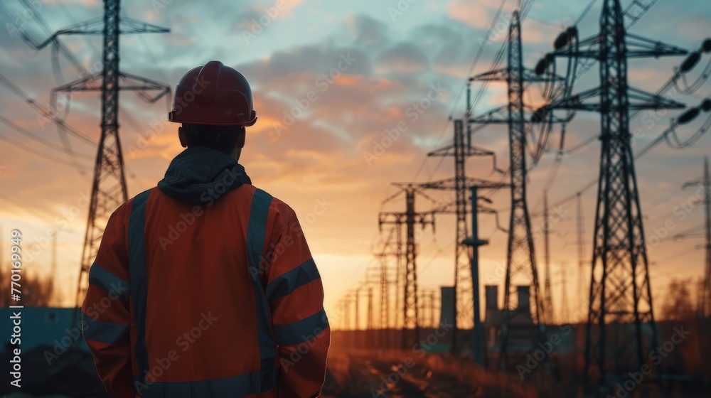 An electrician on the background of high towers of power plants looks at the project for the development of an electrical structure, An electrician on the background of high towers of power plants looks at the project for the development of an electrical structure,