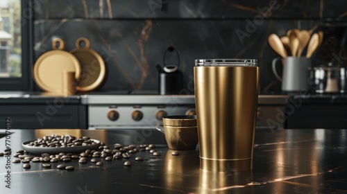 Impress your clients with this luxurious gold coffee tumbler mockup guaranteed to make your brand stand out. photo