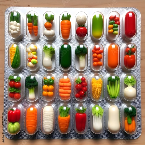 ai generated realistic 3D several mini models of various fruits and vegetables in transparent capsules and arrange them neatly on aluminum foil