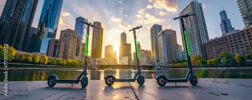 Three scooters are lined up on a sidewalk in front of a city skyline photo