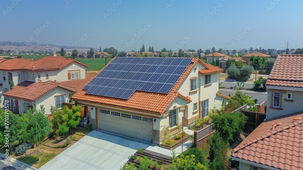 Solar panels on residential roofs, suburbia embracing clean energy 