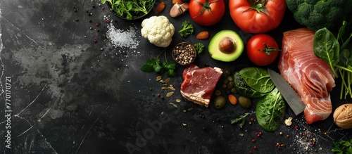 Fresh vegetables, fruits, fish, meat, and nuts are displayed on a black chalkboard background. Included are cauliflower, avocado, apples, tomatoes, salmon, beef, spinach, and herbs,
