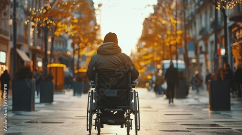 A man in a wheelchair is sitting on a sidewalk in a city