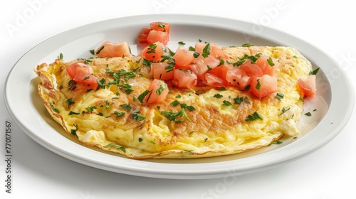 Omelette in white plate isolated on white background.