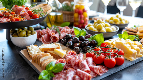 Appetizers table with different antipasti, charcuterie, snacks and cheese. Generative Ai