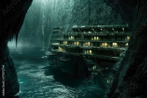 Villain's lair hidden in a massive cave at the base of a cliff with water access, futuristic underground mystery facility