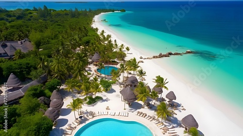 Aerial view of beautiful tropical island with white sand beach  turquoise water and palm trees.