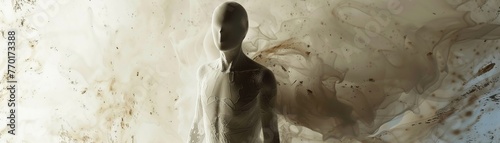 A ghostly figure captured in smooth skin tones, set against an abstract background, evoking a sense of serene mystery, 
