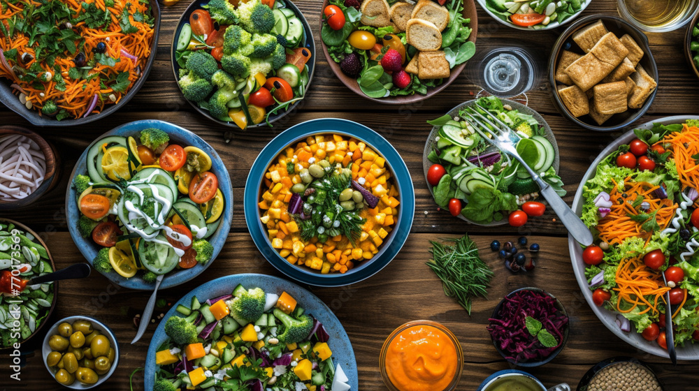 Fototapeta premium Assortment of fresh vegetable salads flat lay. Top view. Generative Ai