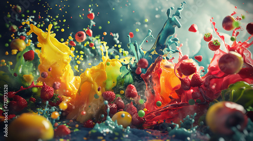 Flavor explosion, colorful swirls of taste sensations, dynamic motion, ingredients bursting forth, vibrant hues representing different flavors, sensory overload, culinary creativity unleashed photo