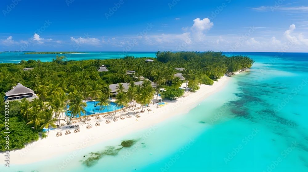 Panoramic aerial view of a tropical island in the Maldives