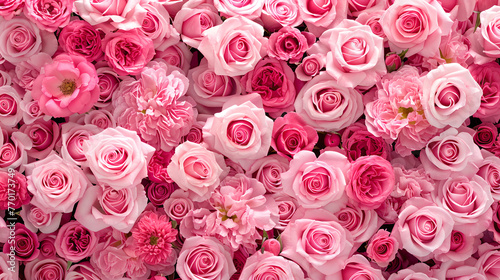 background  canvas  entirely covered with pink roses flowers - top down view