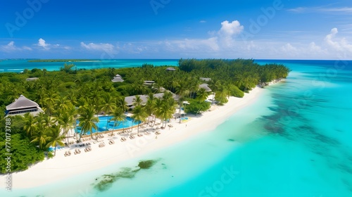 Panoramic aerial view of a tropical island in the Maldives