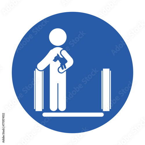 Blue round safety sign of man carry  pet on escalator, for indoor public place safety label