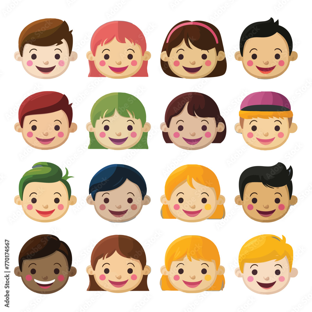 Set of children avatars. Bundle of smiling faces of boys and girls with different hairstyles, skin colors and ethnicities. Colorful flat vector illustration isolated on white background Set of children avatars. Bundle of smiling faces of boys and girls with different hairstyles, skin colors and ethnicities. Colorful flat vector illustration isolated on white background