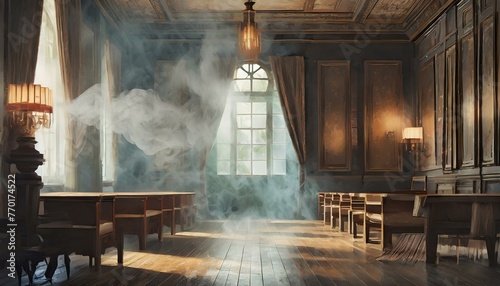 A dimly lit, vintage parlor room with thick, swirling smoke creating obscure patterns 