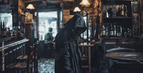 A hooded figure slinks through the dimly lit tavern movements quiet and purposeful as they make way to a secluded corner . .