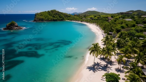Aerial view of beautiful tropical beach with coconut palm trees and turquoise sea