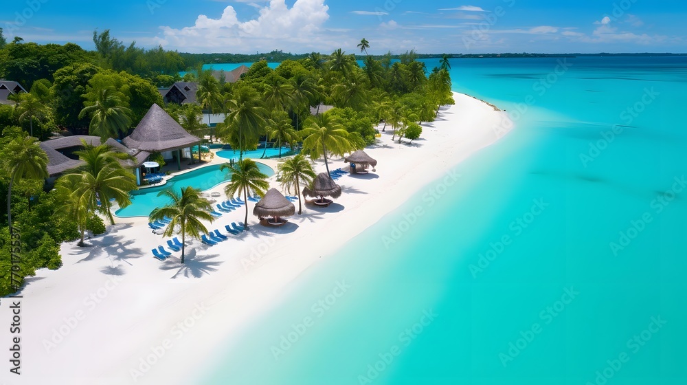 Beautiful tropical beach at Maldives with few palm trees and blue lagoon - obrazy, fototapety, plakaty 