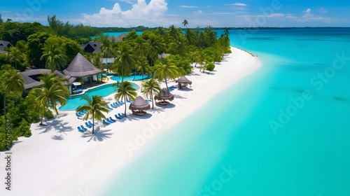 Beautiful tropical beach at Maldives with few palm trees and blue lagoon