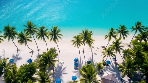 Tropical beach with palm trees and blue sky. Panorama