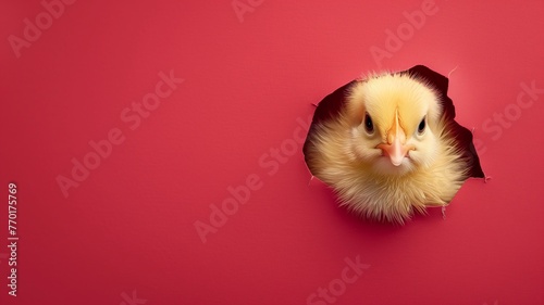 Little yellow chicken peeking out of a hole in red wall background. Happy Easter concept. photo