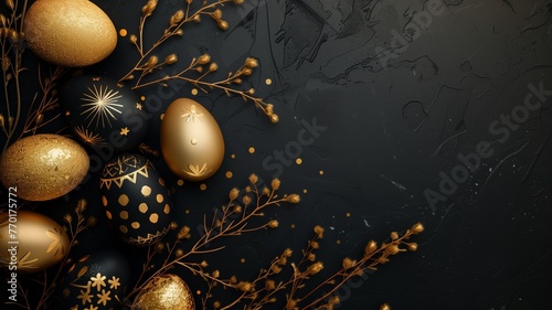Elegant luxury stylish Easter concept background with gold and black eggs and decor.