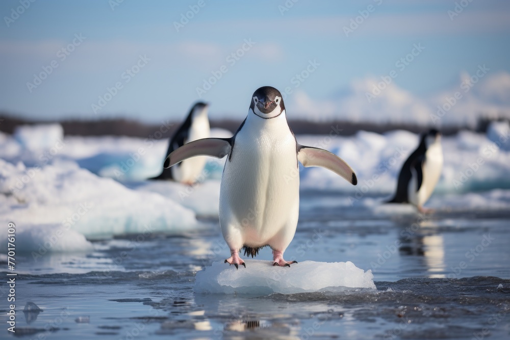 Obraz premium The emperor penguin, largest of all penguins, thrives in Antarcticas harsh conditions with blubber and feathers for warmth. It excels at swimming and diving for fish and squid.