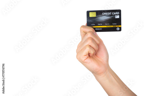Someones hand holding credit card isolated on white background.