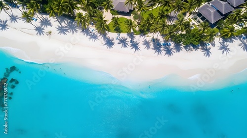 Aerial view of beautiful tropical island with white sand beach and palm trees