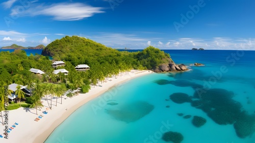 Aerial view of beautiful tropical beach with white sand, turquoise water and blue sky © Iman