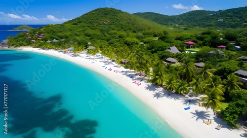 Aerial view of a beautiful tropical beach with white sand and turquoise water