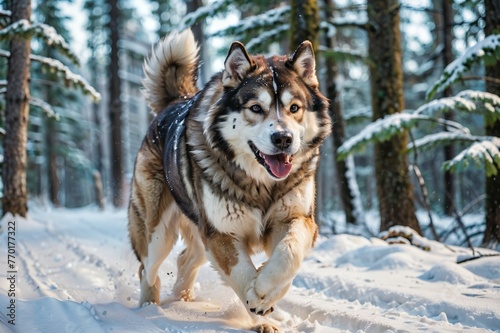 Alaskan Malamute running through a snowy forest  emphasizing speed and grace crisp winter atmosphere