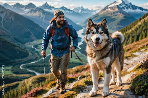 An Alaskan Malamute hiking alongside its owner in a mountainous terrain  demonstrating loyalty and adventurous spirit golden hour lighting