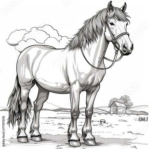 a simple of Clydesdale Horse, Farm animal, simple illustration, hand-drawn black monoline, isolated on with background