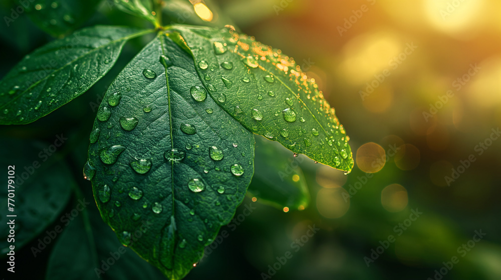 Large beautiful drops of transparent rain water on a green leaf macro. Drops of dew in the morning glow in the sun. Beautiful leaf texture in nature. Natural background. Large beautiful drops of transparent rain water on a green leaf macro. Drops of dew in the morning glow in the sun. Beautiful leaf texture in nature. Natural background.