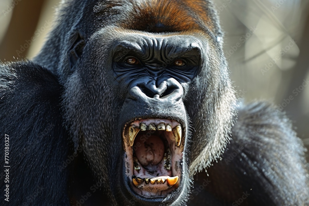 A detailed close up show of an angry male gorilla.