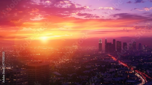 As the sun sets over the metropolis the sky is awash in shades of orange pink and purple casting a warm glow over the high altitude landscape. In the foreground a bustling