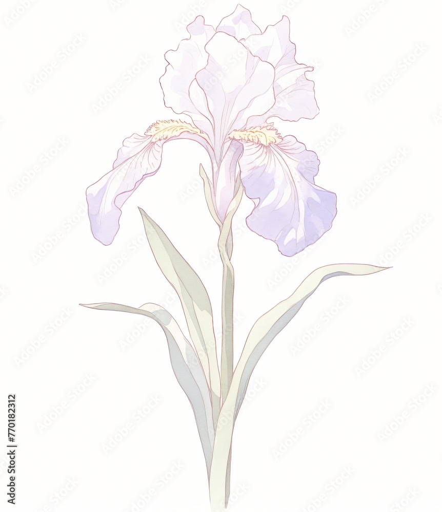 A delicate iris its intricate details and colors beautifully showcased against white