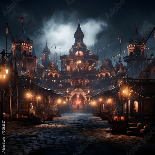 Dramatic night scene of the old city. 3D Rendering